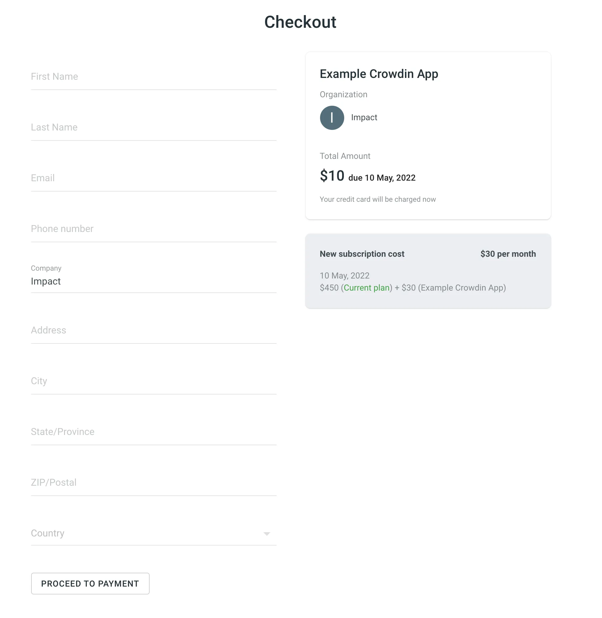 Crowdin Enterprise Checkout page